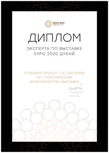 Диплом эксперта по выставке ЭКСПО 2020 Дубай